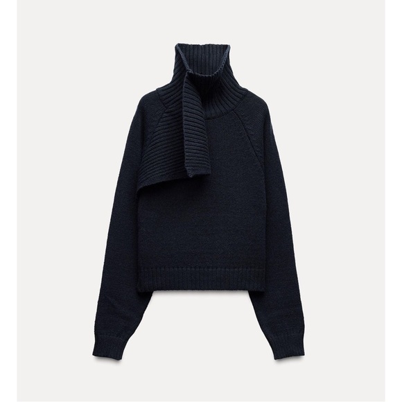 ZARA Ribbed Asymmetrical Turtleneck Sweater Navy Wool Blend Size S Minimal Knit - Picture 4 of 16